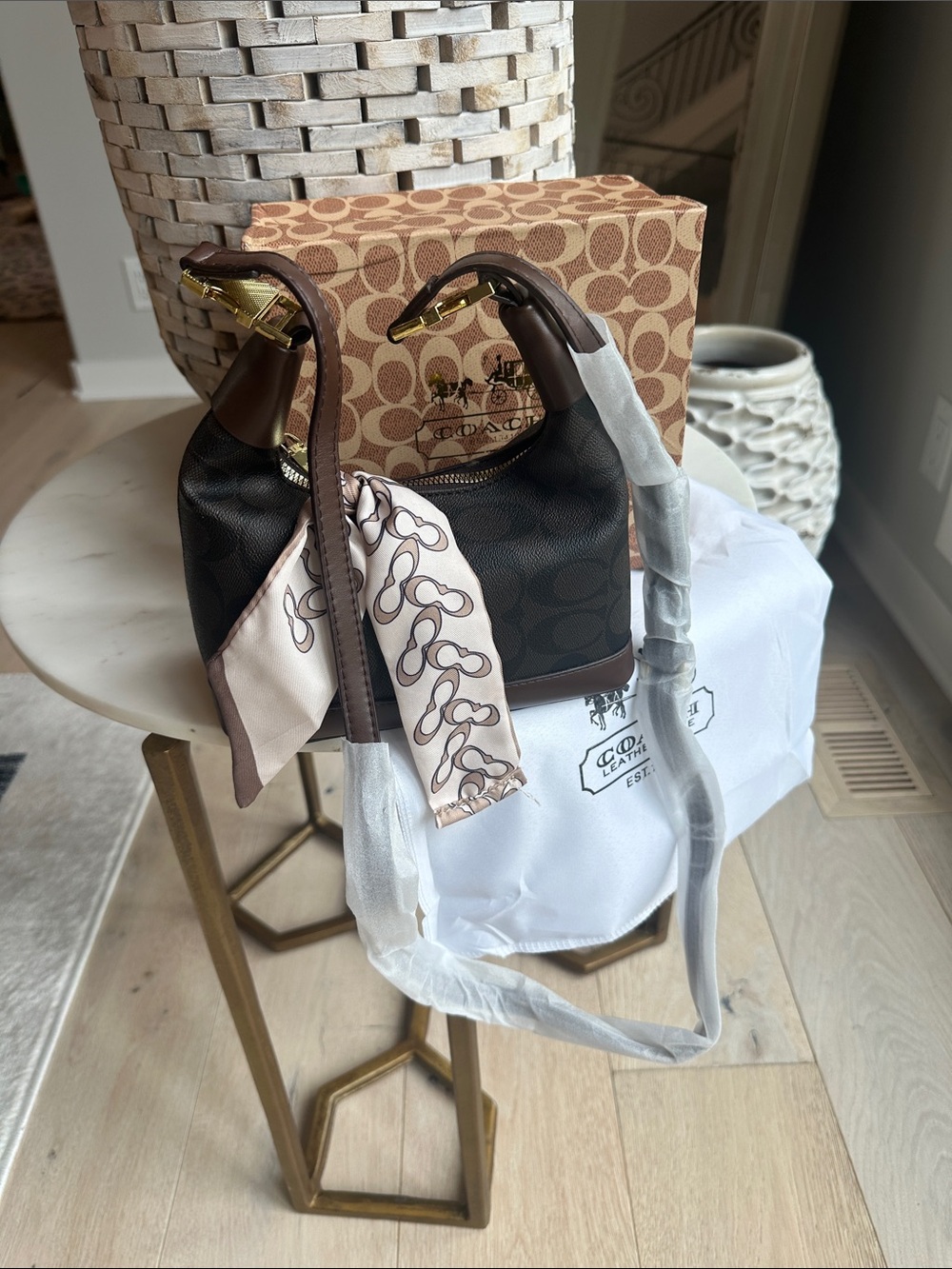Coach Dark Brown Signature Mini Hobo with Beige Scarf - Picture 8 of 9